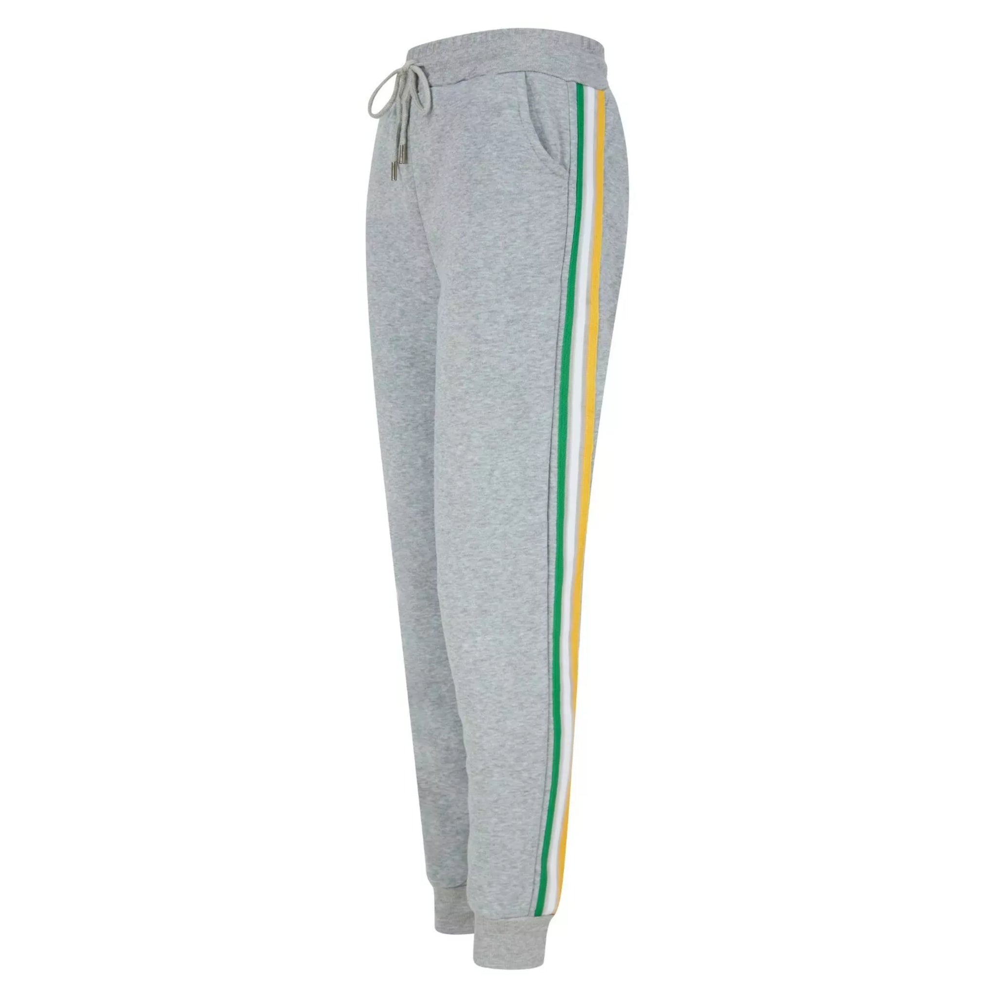 Women's grey jogger trousers with green, yellow, and white striped side detail, elasticated waist, drawstring tie, and cuffed ankles
